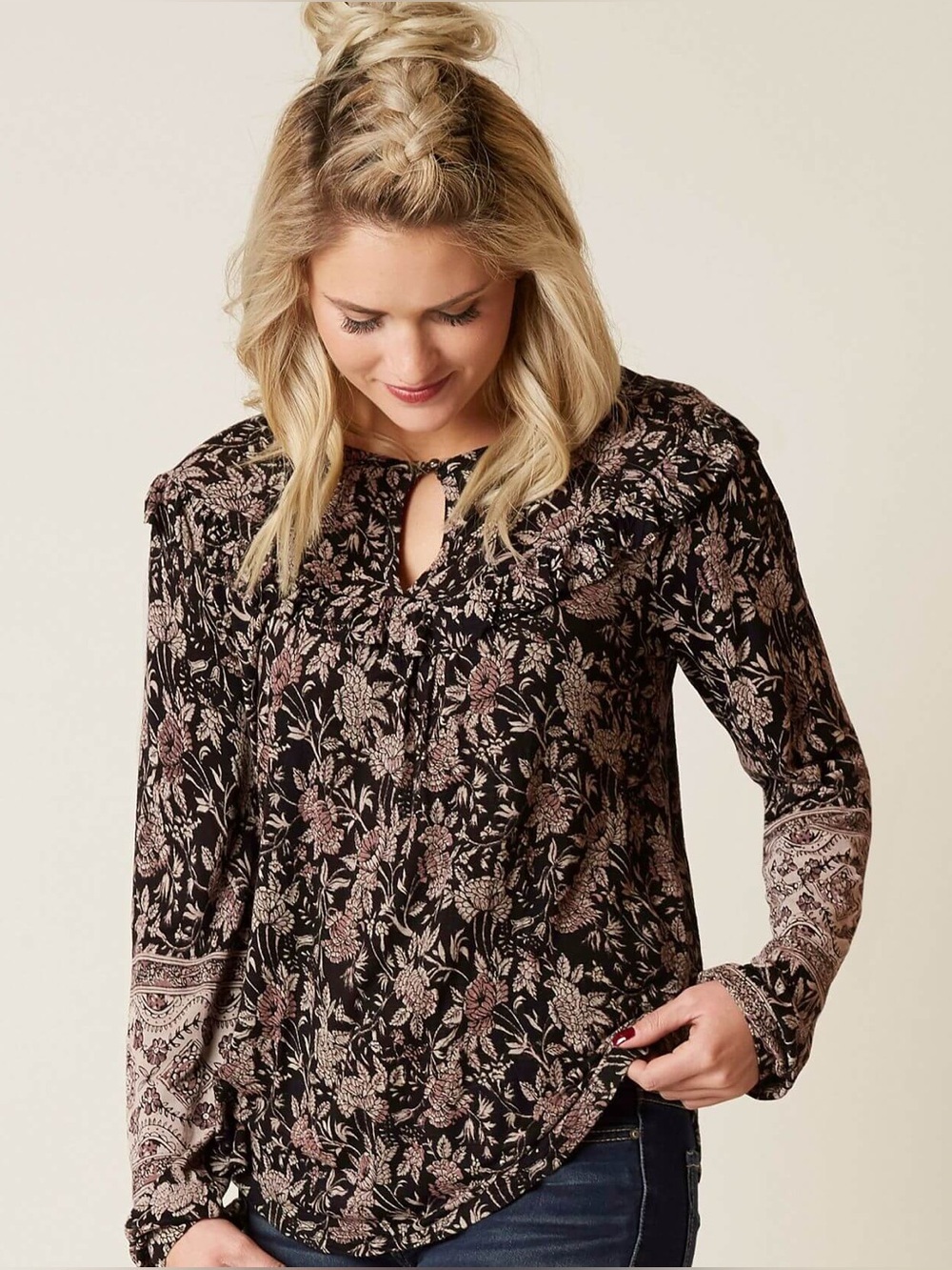 Lucky Brand Raw Edge Ruffle Floral Blouse 2XL Woodblock Boho Keyhole Top